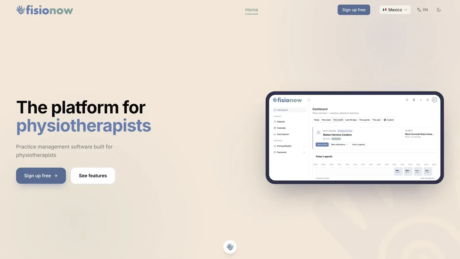 Fisionow homepage — practice management software for physiotherapists